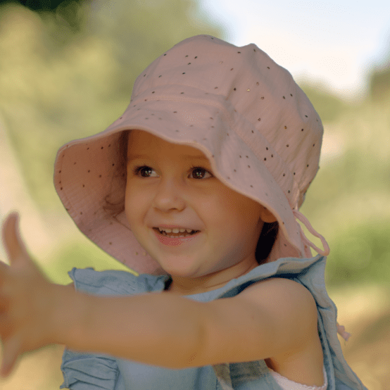 Chapeau de soleil enfant gaze pois or rose