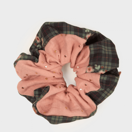 Grand chouchou bicolore tartan fleuri - gaze rose thé