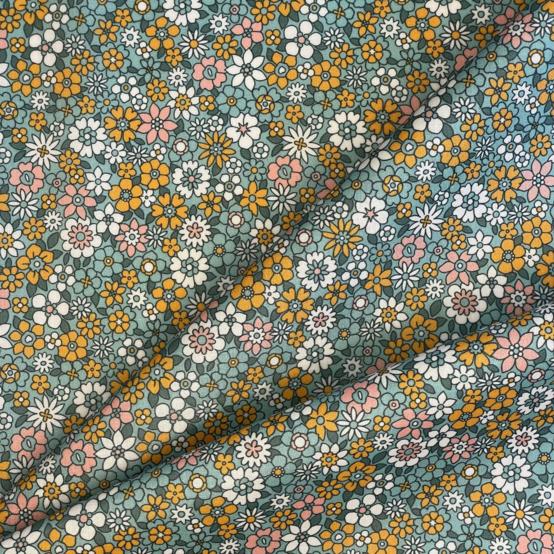 Tissu enduit  au mètre ex2503 fleuri retro bleu rose
