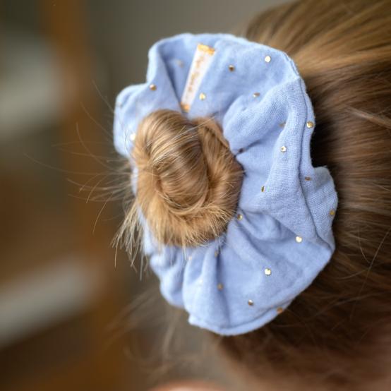 Chouchou gaze pois or bleu baltique