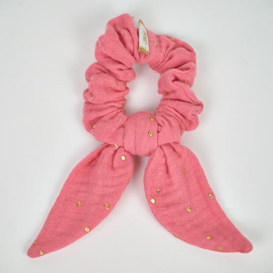 Chouchou nœud  gaze pois or rose sorbet