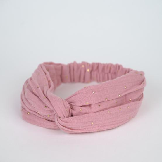 Bandeau croisé enfant gaze pois or rose thé