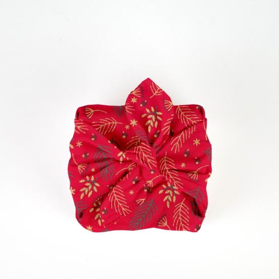 Furoshiki petit 35 x 35 cm ex2557 noel mini feuillage houx or rouge