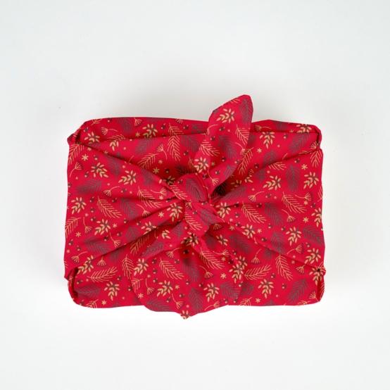 Furoshiki moyen 48 x 48 cm ex2557 noel mini feuillage houx or rouge