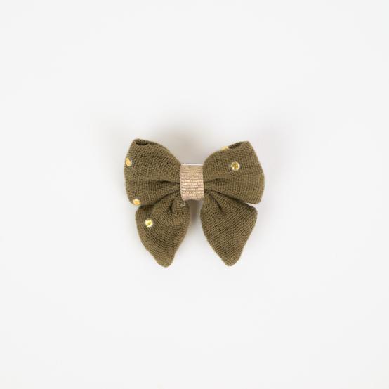 Barrette Mini Noeud Papillon gaze pois or kaki