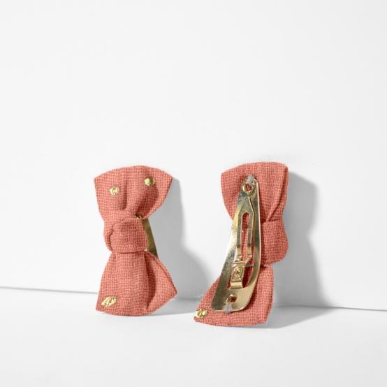 Barrettes clic-clac petits noeuds gaze pois or rose blush
