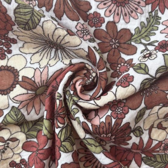 Tissu ex2635 gaze fleur rétro terracotta