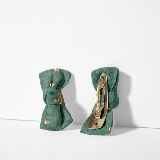 Barrettes clic-clac petits noeuds gaze pois or eucalyptus