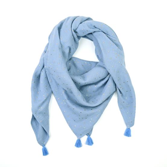 Foulard pompon gaze pois or bleu baltique