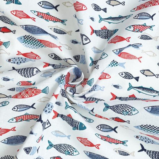 Tissu coton au mètre ex2526 sardines graphiques blanc