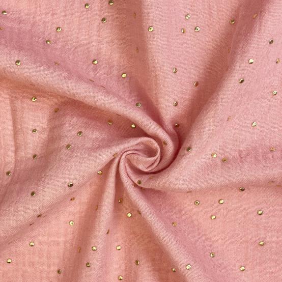 Tissu gaze pois or rose thé