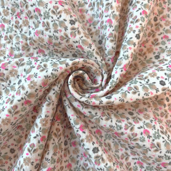 Tissu ex2628 gaze fleurie vert rose fluo
