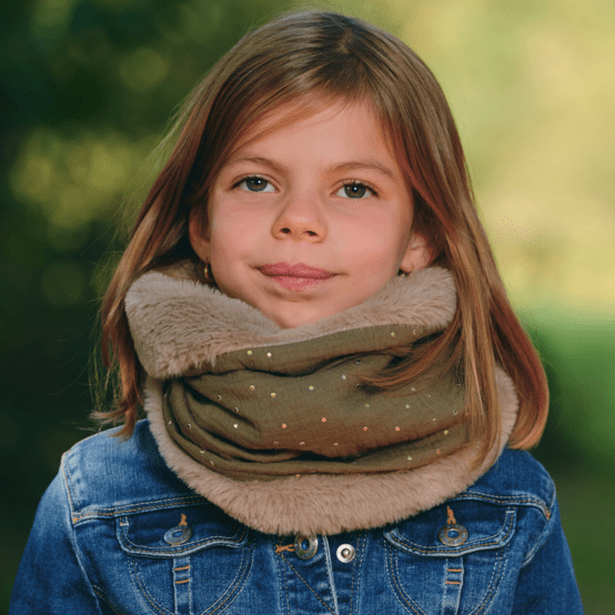 Echarpe tube enfant gaze pois or kaki