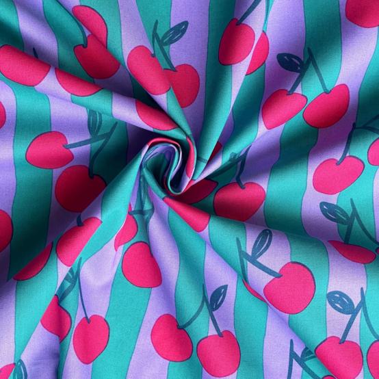 Tissu coton au mètre ex2643 cerises rayées lilas tuquoise