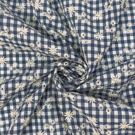 Tissu coton au mètre vichy brodé marine