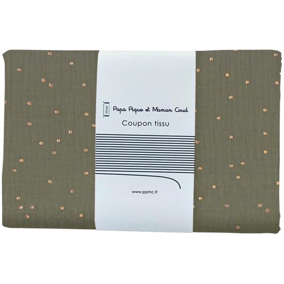 Coupon tissu 1 m gaze pois or kaki