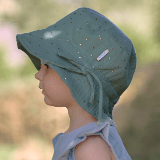 Chapeau de soleil enfant gaze pois or vert amande