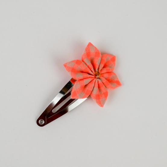 Barrette clic-clac fleur étoile vichy orange fluo
