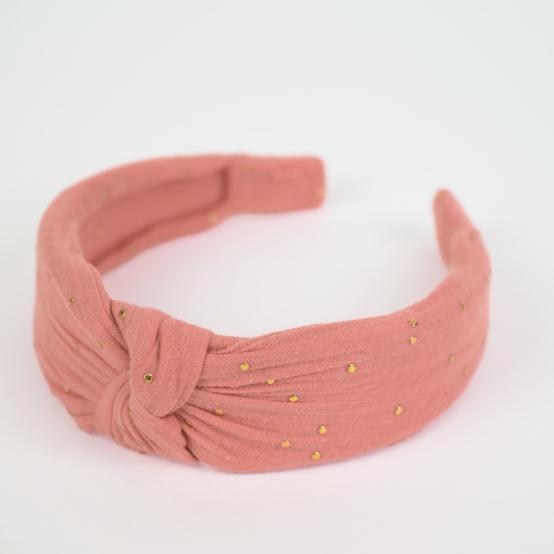 Serre-tête Large Croisé gaze pois or rose thé