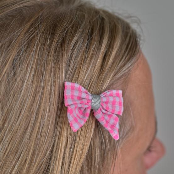 Barrette Mini Noeud Papillon vichy rose fluo