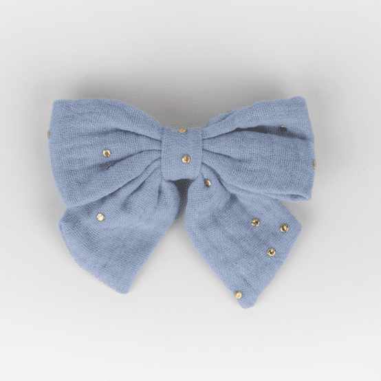 Barrette noeud papillon gaze pois or bleu baltique