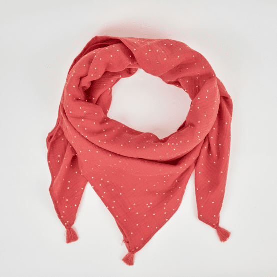 Foulard pompon gaze pois or marsala