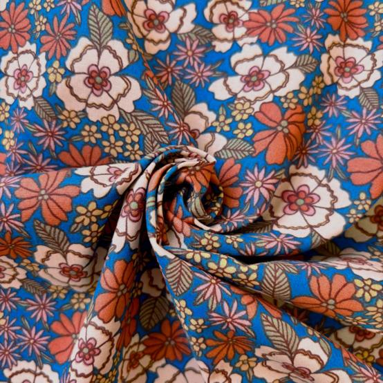Tissu coton au mètre ex2631 bohème fleuri bleu