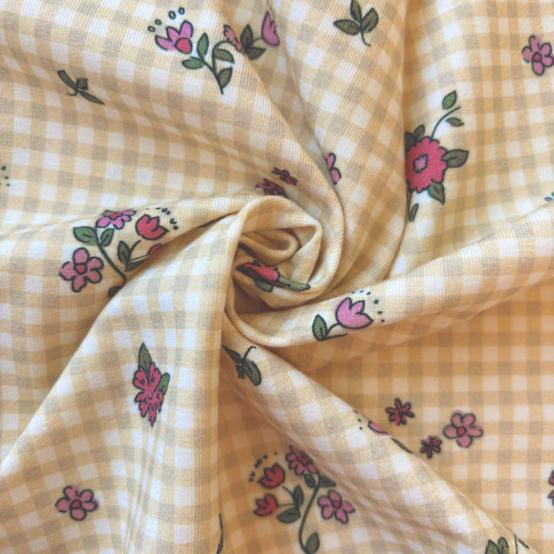 Tissu jersey vichy fleuri naturel