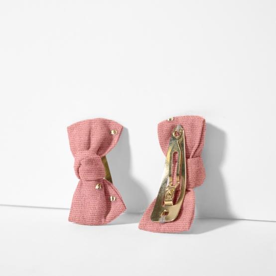 Barrettes clic-clac petits noeuds gaze pois or rose thé
