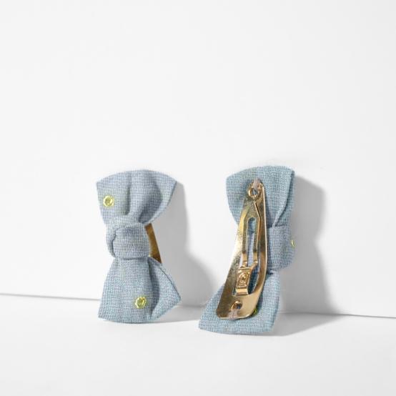 Barrettes clic-clac petits noeuds gaze pois or bleu baltique