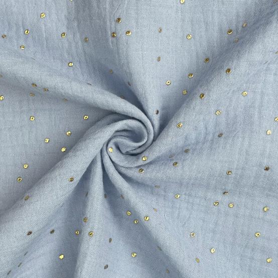 Tissu gaze pois or bleu baltique