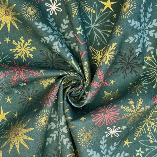 Tissu coton au mètre ex2556 noel étoile de noel or vert bleu