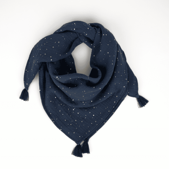 Petit foulard pompon gaze pois or marine