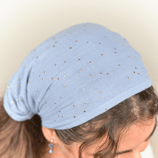 Bandeau fichu Enfant gaze pois or bleu baltique