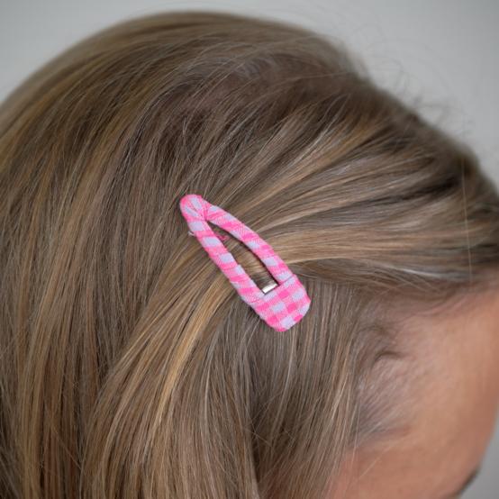 Barrette clic-clac tissu vichy rose fluo