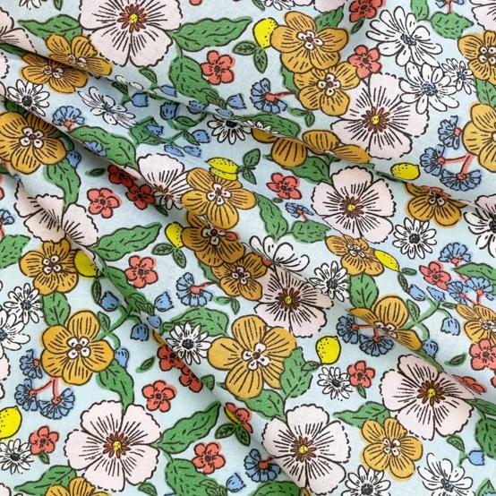 Tissu coton au mètre ex2525 fleurs et citrons vert jaune