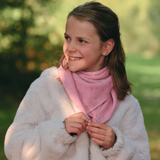 Petit foulard pompon gaze pois or rose thé