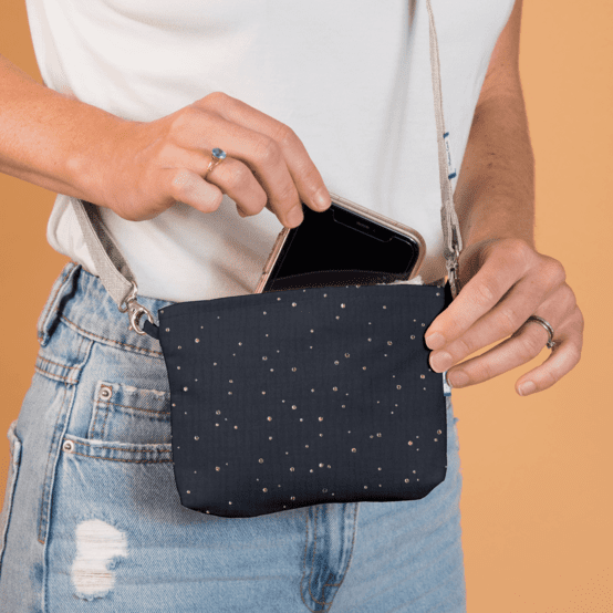 Mini pochette tissu gaze pois or marine