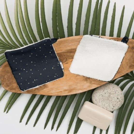Carré Démaquillant Lavable gaze pois or marine
