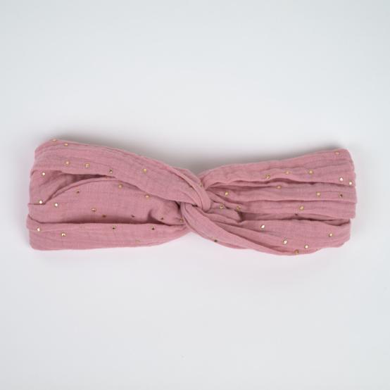 Bandeau croisé enfant gaze pois or rose thé