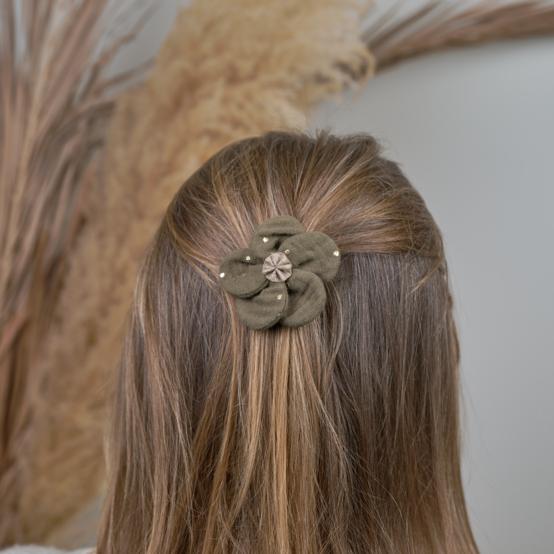 Petite Barrette Pétales de Fleur gaze pois or kaki