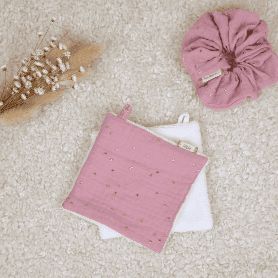 Carré Démaquillant Lavable gaze pois or rose thé