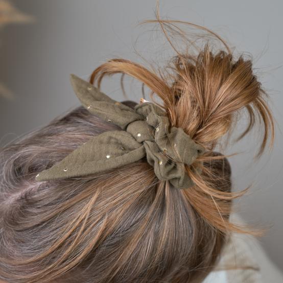 Chouchou nœud  gaze pois or kaki