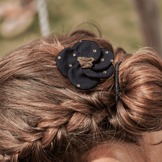 Petite Barrette Pétales de Fleur gaze pois or noir