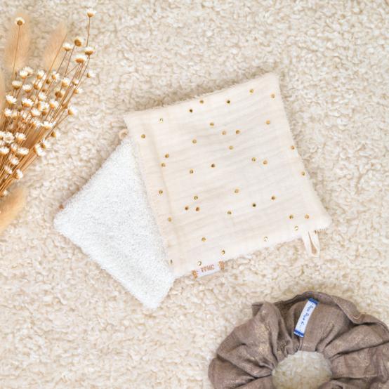 Carré Démaquillant Lavable gaze pois or écru