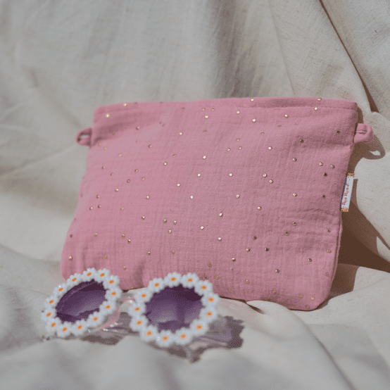 Pochette tissu gaze pois or rose thé