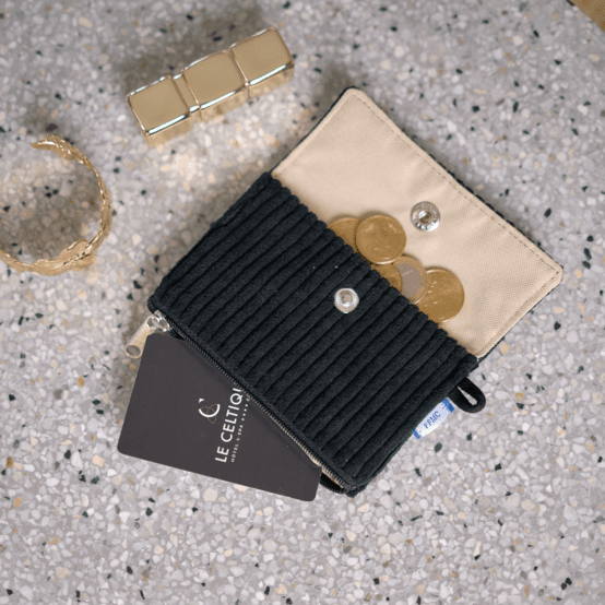 Mini porte-monnaie recto-verso velours côtelé large noir