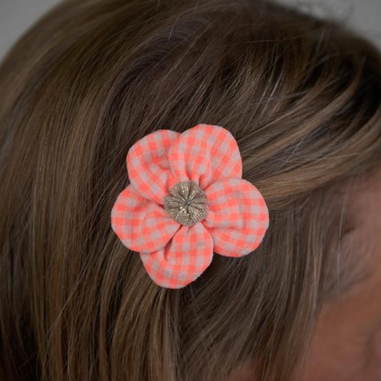 Petite Barrette Pétales de Fleur vichy orange fluo