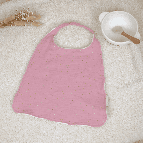 Serviette enfant élastique gaze pois or rose thé