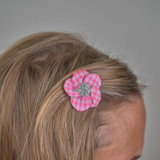 Mini Barrette Pétales de Fleur vichy rose fluo